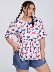 SHEIN Qutie Butterfly Printed Plus Size Flare Sleeve Top And Denim Effect Elastic Waist Shorts 2pcs/Set - Multicolor - View 4
