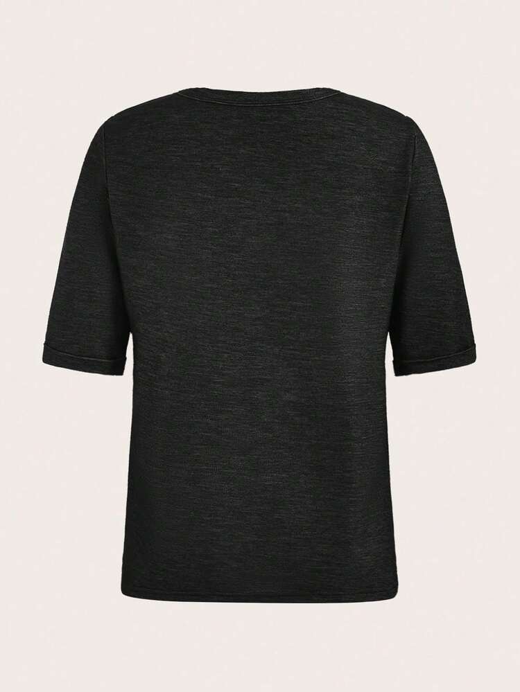 Women Casual Plain Color Washed Knit V Neck Short Sleeve Summer T-Shirt (H-Version)