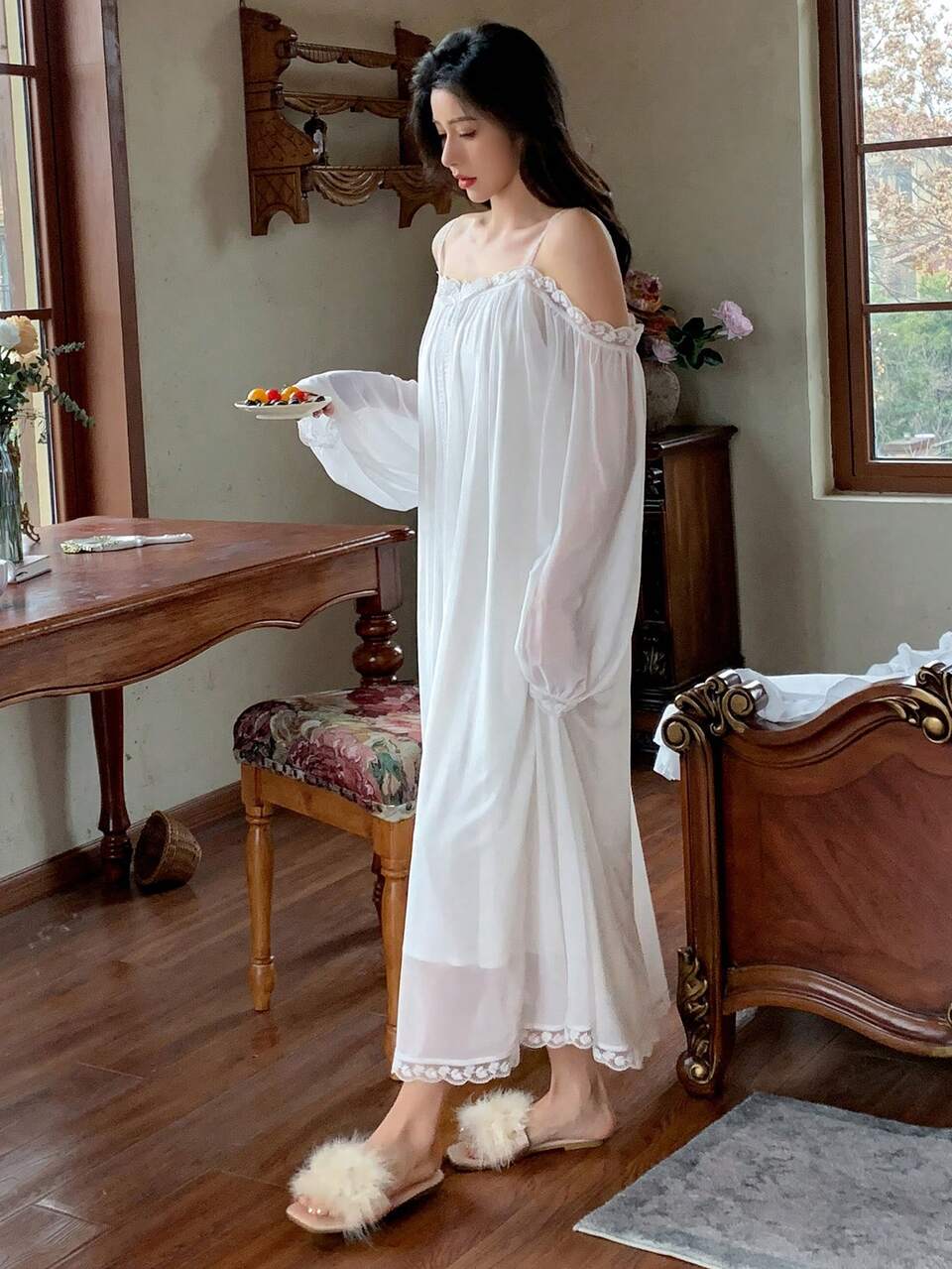 Lace Patchwork Sheer Mesh Pleated Nightgown With Cut-Out Shoulders Summer Pajama, Moo Moo