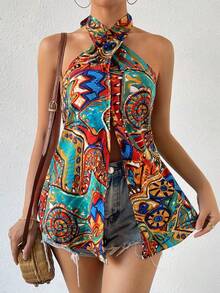 SHEIN VCAY 復古印花騎士領分裂上衣 - 彩色 - 查看 4