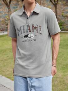 Manfinity VCAY Men's Knitted Loose Fit Half Buttoned Polo Shirt With Letter Pattern - Grey - View 4