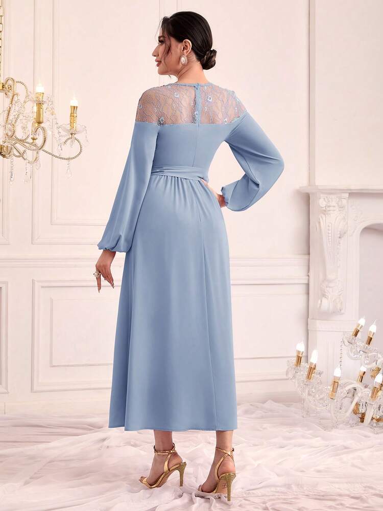 Women's Patchwork Lace Floral Decoration Lantern Sleeve Arabian Dress