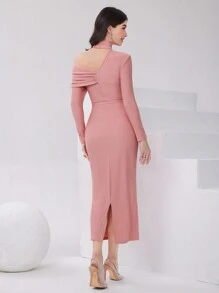 Modelyn Women's Asymmetrical Neckline Pleated Bodycon Dress - Pink - View 2