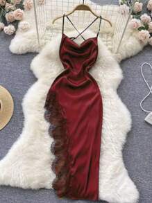 SHEIN Clasi Vestido Grande De Talla Con Dobladillo Asimétrico, Espalda Al Aire Con Encaje - Burdeos - Ver 1