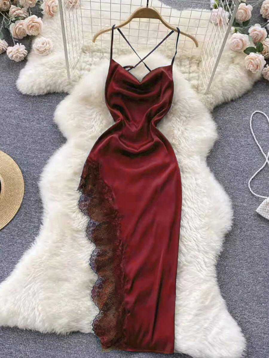 SHEIN Clasi Vestido Grande De Talla Con Dobladillo Asimétrico, Espalda Al Aire Con Encaje - Burdeos - Ver 1