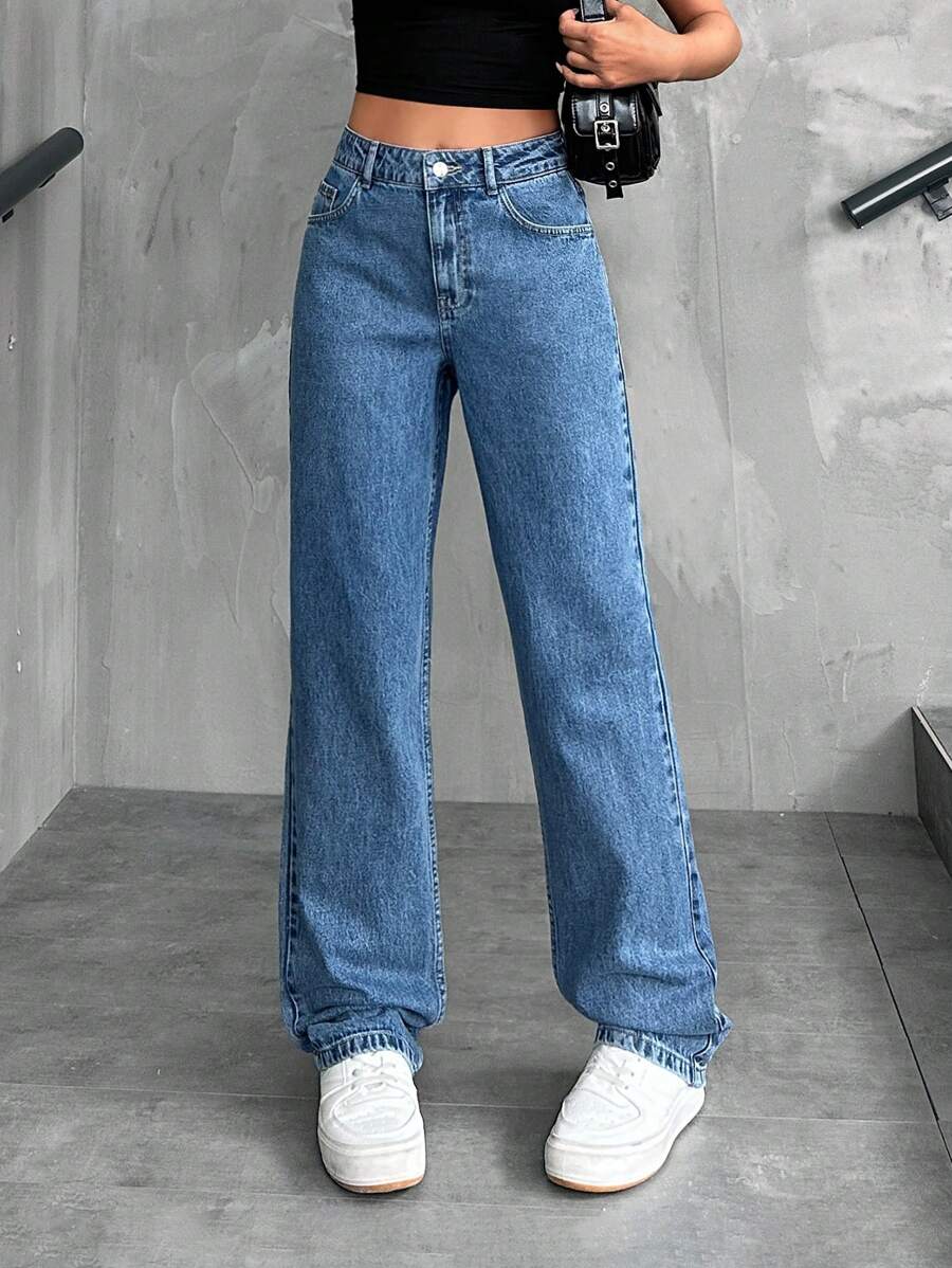 EURMUSE Women's Mid-Rise Straight Leg Jeans - Blue - View 1