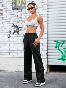 SHEIN Sports 純色高腰蓋翻細節直筒運動褲,彈性腰帶 - 黑色 - 查看 5