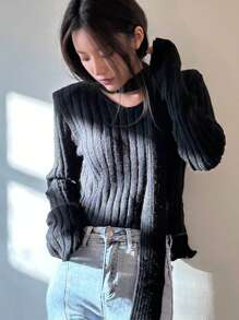 DAZY 女式长袖罗纹毛衣秋季 - 黑色 - 查看 1