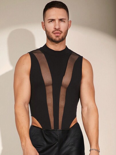 FeverCity Men's Knitted Casual Net Yarn Insert Sleeveless Tank Top, For Rave Outfit, Going Out, Boyfriend Gift