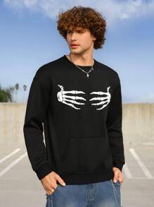 Manfinity Roghcode Men's Skull Printed Sweatshirt With Front Pocket - Black - View 3