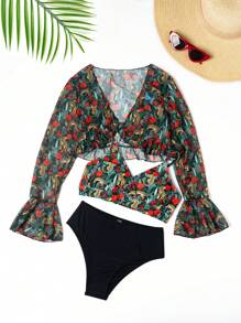 Teen Girl Leopard Print Bikini Set, 3pcs Summer Beach - Black - View 1