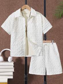 SHEIN 2pcs/Set Exploer Boys' Vacation Short Sleeve Cardigan Shirt And Shorts - White - View 1