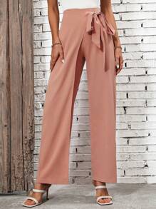 SHEIN Clasi Women's Solid Color Knot Waist Pants - Orange - View 5