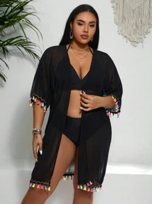 SHEIN Swim Curve Kích thước lớn Của phụ nữ Viền tua Cổ tay áo Kimono Với Vá lại Thiết kế - màu đen - Xem 3