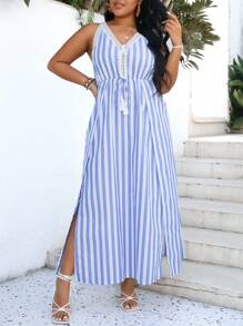 SHEIN VCAY Plus Size Women's Vertical Striped Lace Patchwork Dress - Multicolor - View 5