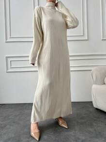 EURMUSE Cotton Solid Color Turtleneck Ribbed Knit Sweater Dress - White - View 3