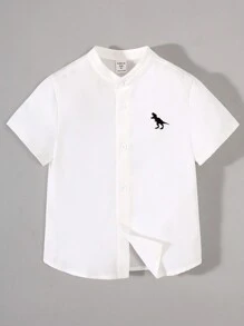 SHEIN 2 Piezas Camisa Informal De Patrón De Dinosaurio Para Niños, Cómoda, Elegante, Sencilla, Combina Con Todo, Cuello Alto - Azul y blanco - Ver 8