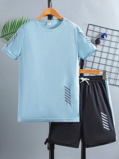 SHEIN Teen Boy 2pcs/Set Breathable Mesh Sports Running Top And Shorts, Outdoor Athletics