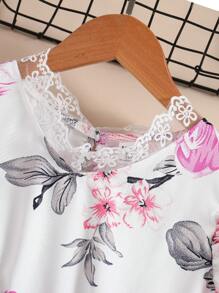 SHEIN Tween Girls' Floral Printed Dress With Ruffle Trim And Waist Belt - Purple - View 3