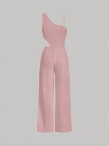 SHEIN MOD 純色空心不對稱領口寬腿連體褲 - 淺粉色 - 查看 2