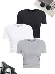SHEIN Unity 3pcs/Set Short Sleeve Pleated T-Shirt - Multicolor - View 1