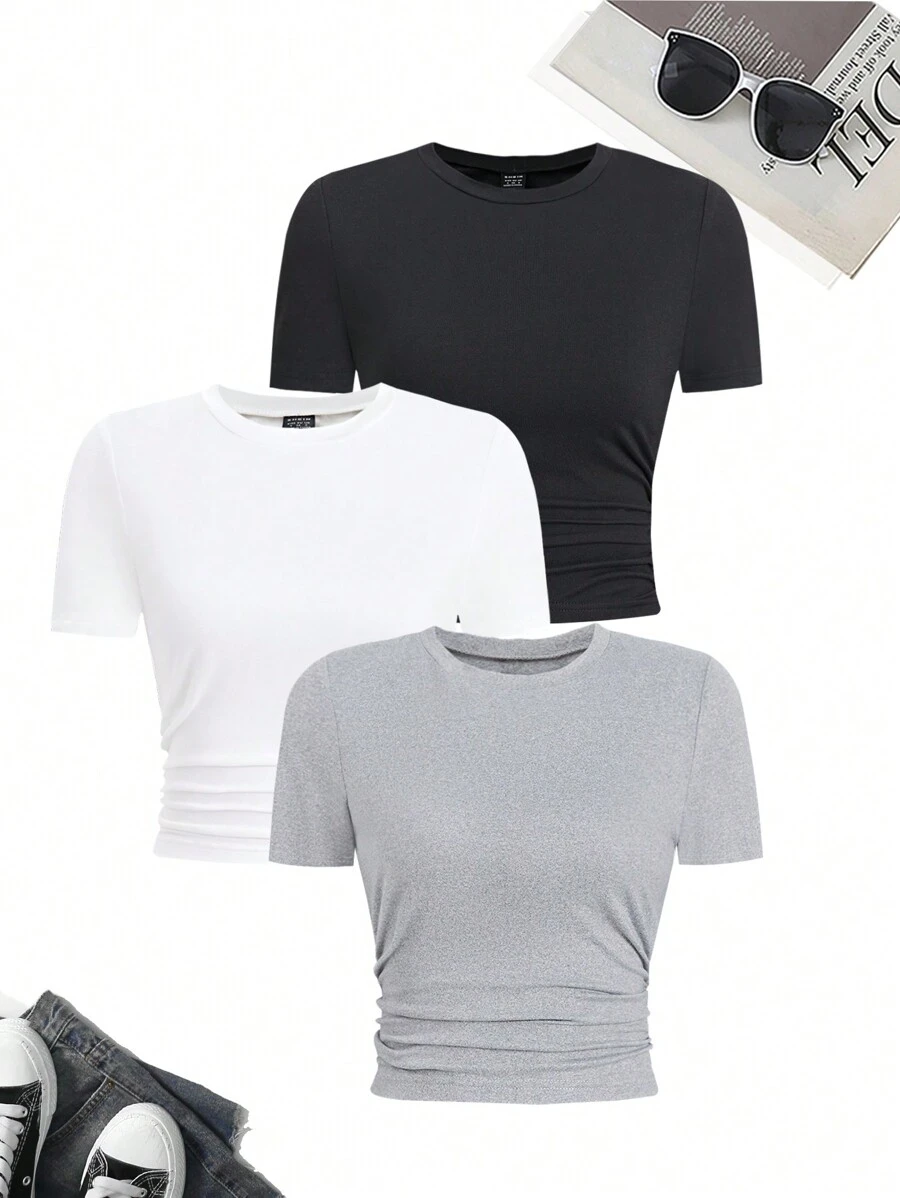 SHEIN Unity 3pcs/Set Short Sleeve Pleated T-Shirt - Multicolor - View 1