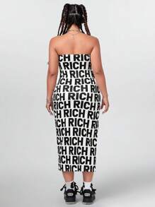 SHEIN Coolane 大尺碼女士黑白字母紋無肩帶長裙 - 黑與白 - 查看 2