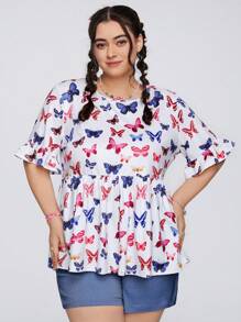 SHEIN Qutie Butterfly Printed Plus Size Flare Sleeve Top And Denim Effect Elastic Waist Shorts 2pcs/Set - Multicolor - View 5