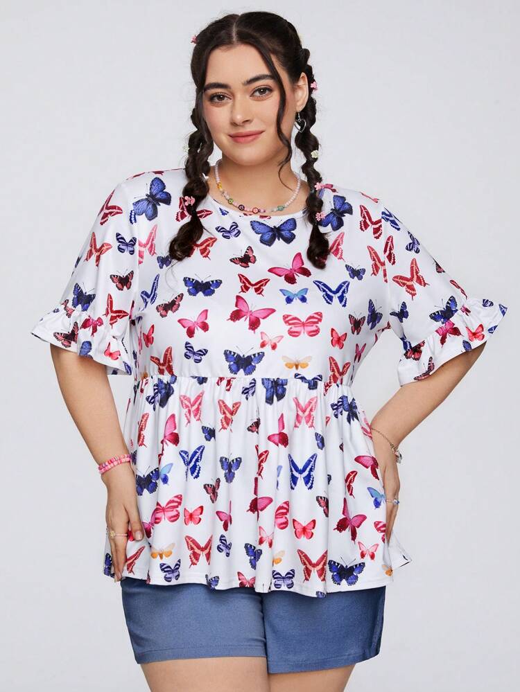 Butterfly Printed Plus Size Flare Sleeve Top And Denim Effect Elastic Waist Shorts 2pcs/Set