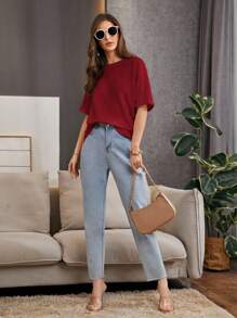 SHEIN Essnce 女式純色下垂肩休閒t恤 - 玫瑰紅 - 查看 4