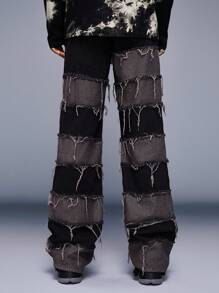 AXEPEAK Quần Jean Lưng Cao Nam Lỏng Lẻo Với Các Chi Tiết Thô Và Thiết Kế Colorblock Baggy Dài Đau Khổ Quần Jean Tối Màu Cargo Color Block Đi Chơi Nhạc Rapper - Nhiều màu - Xem 2