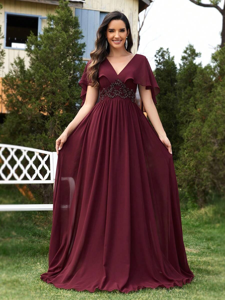 XUIBOL Handmade Beaded Embroidery Decorated V-Neck Chiffon A-Line Formal Evening Dress (Heavy Decor) Party Dress Wedding Guest Dress,Gown - Burgundy - View 1