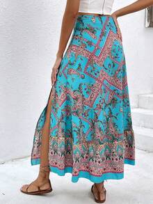 SHEIN VCAY Paisley Printed Slit Skirt - Blue - View 2