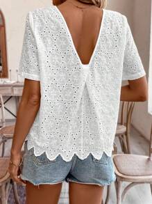 SHEIN Frenchy Vacation Summer Wedding Hollow Out Embroidered Round Neck Blouse White Casual - White - View 1
