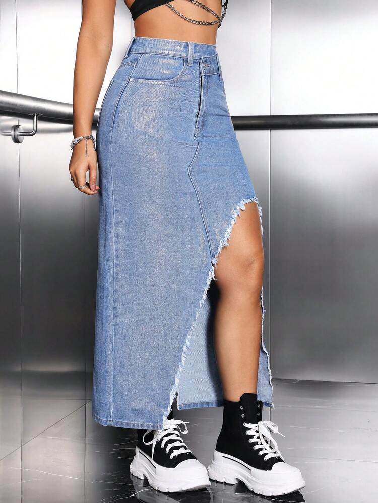 Women's Asymmetrical Waist & Frayed Edge & Split Design Denim Skirt