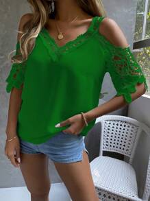 SHEIN Clasi Cold Shoulder Guipure Lace Blouse - Green - View 5