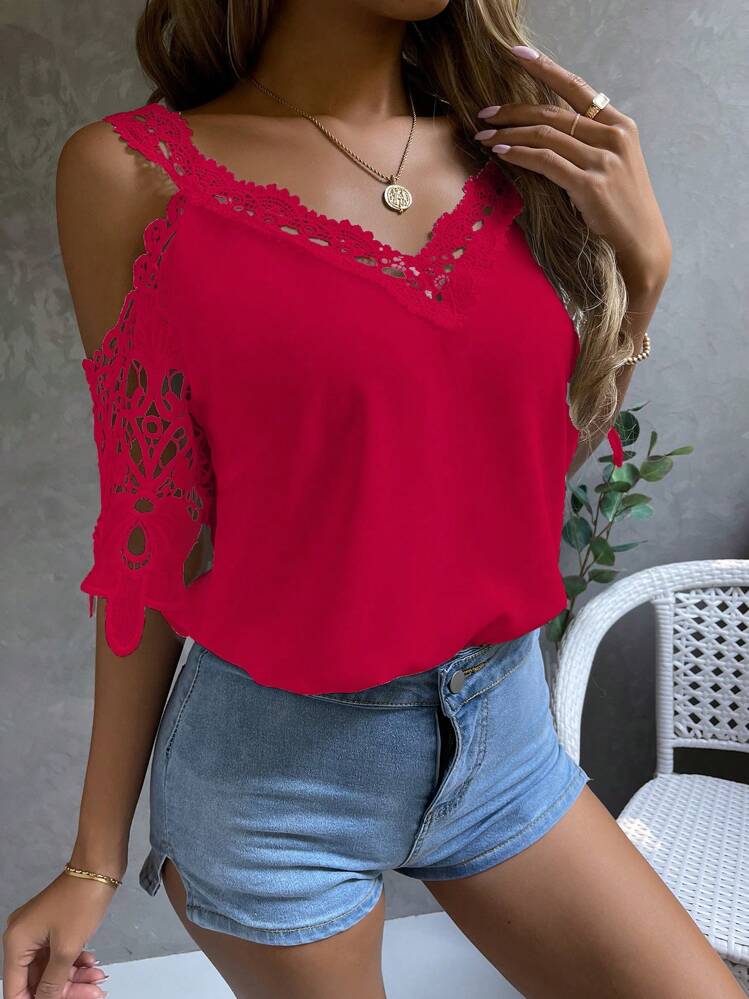 SHEIN Clasi Cold Shoulder Guipure Lace Blouse - Red - View 6