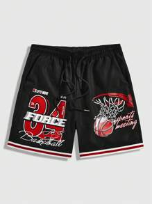 ROMWE MEN Prep Men's Basketball Printed Shorts - Black - View 1