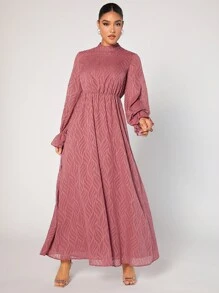 Modelyn Women's Stand Collar Ruffle Long Sleeve Arabic Style Dress Modest Dress Long Evening Dresses - Pink - View 5