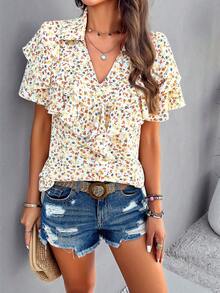 2024 Spring/Summer Casual Ditsy Floral Printed Ruffle Edged Shirt - White - View 5