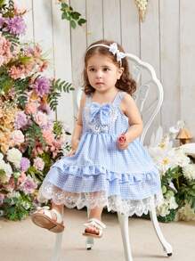 Baby Girl's Blue Checked Lace Trimmed Dress With Bowknot, Cute, Suitable For Daily Wear And Leisure In Spring And Summer
