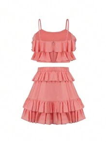 Enchnt Summer Ladies' Woven Romantic Regular Cami Crop Top And Skirt Set - Pink - View 8