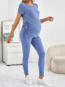 SHEIN Maternity Side Drawstring Short Sleeve T-Shirt And Pants Set - Baby Blue - View 3