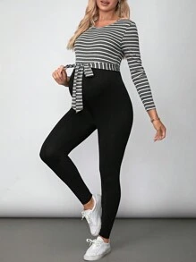 SHEIN Thai sản Sọc Tay áo dài Áo liền quần - Xám - Xem 5