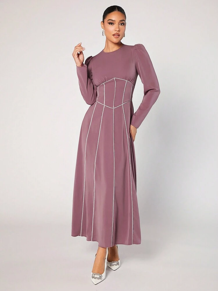 Women's Color Block Long Sleeve Dress With Rolled Hem Modest Dress,Elegant Evening Party Dress Long Evening Dresses