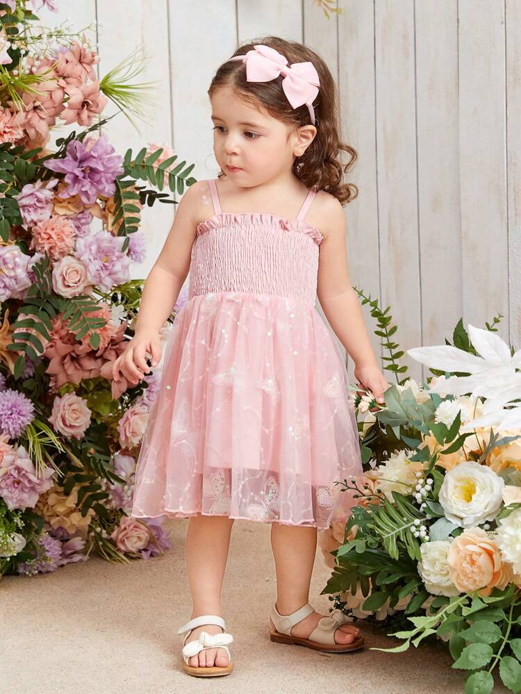 Baby Girl Pink Lace Butterfly Sparkly Embroidery Mesh Elegant & Fancy Casual Dress For Wedding Season, Spring/Summer