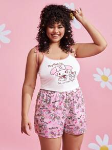 HELLO KITTY AND FRIENDS | SHEIN Women Plus Cute Cartoon Print Pink Pajama Set For Summer And Spring - Multicolor - View 6