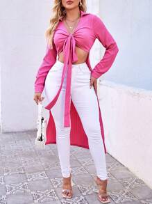 Zolique Ladies' Solid Color Asymmetrical Hem Shirt With Tie-Up Detail