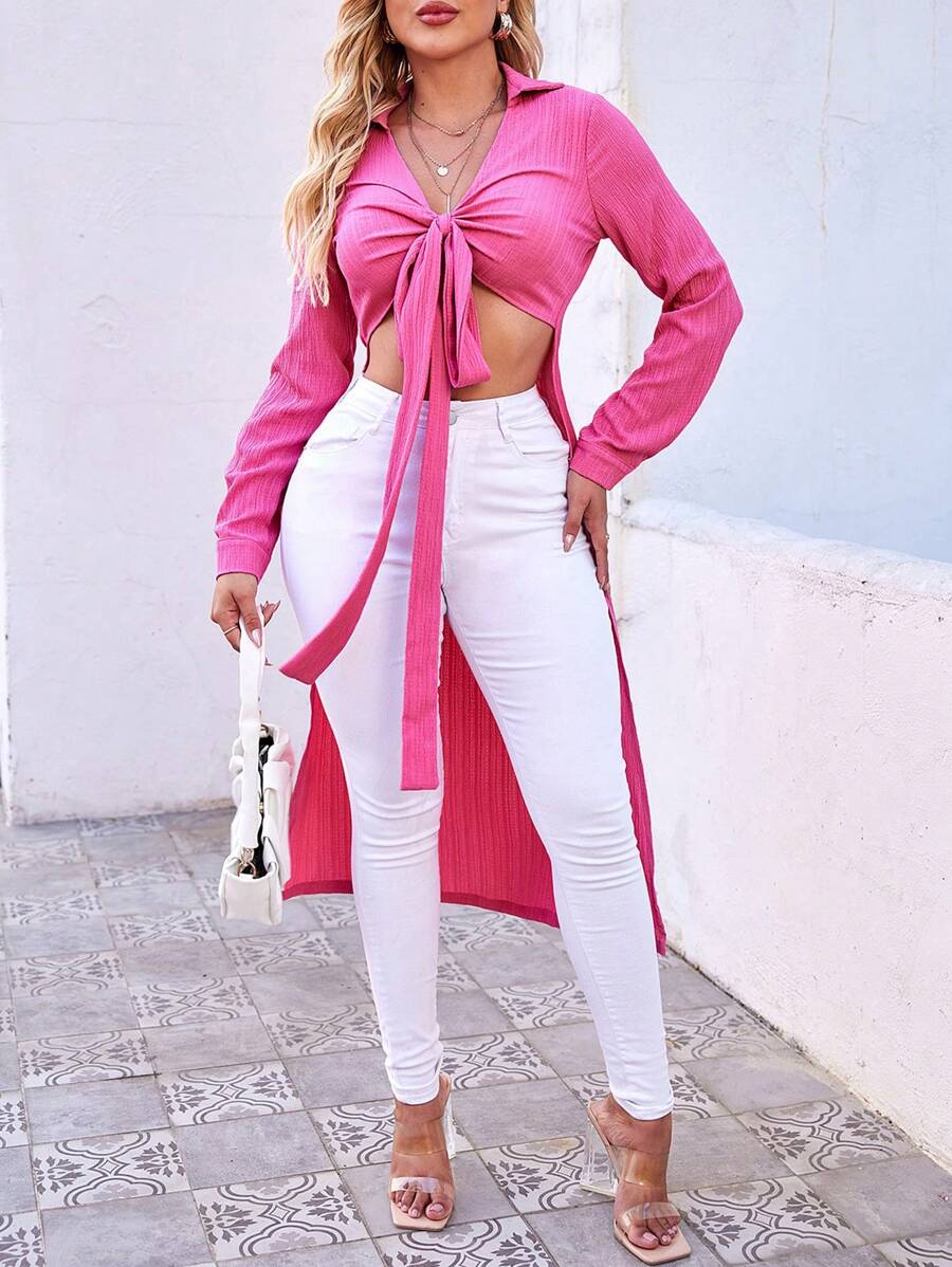 Zolique Ladies' Solid Color Asymmetrical Hem Shirt With Tie-Up Detail