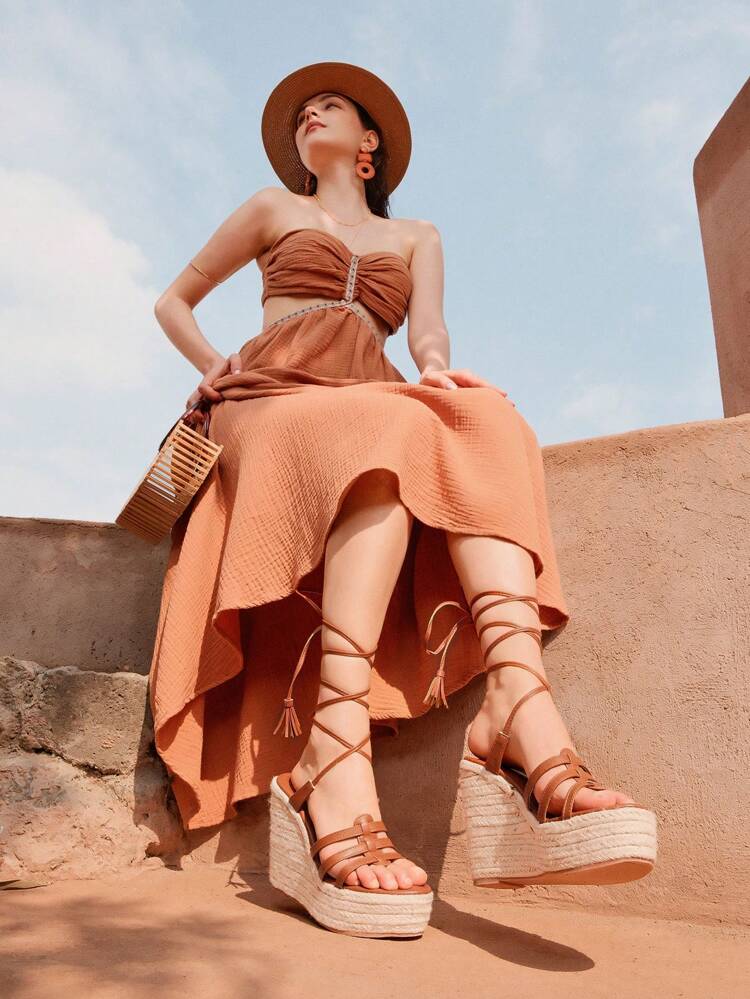 Women's Fashion Casual Lace-Up Brown Rope Wedge Platform Sandals